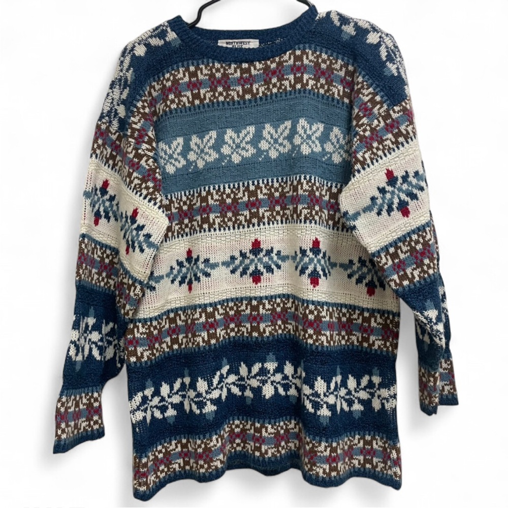 Northwest Blue Knit Sweater with Red and Cream Accents.Large